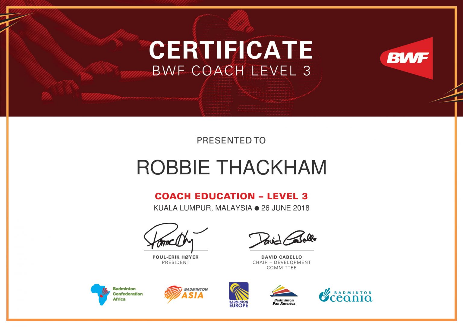 BOC Coaching and Development Manager, Robbie Thackham, among first to