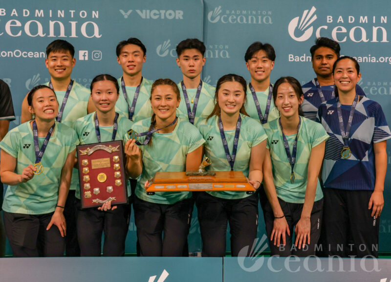 VICTOR Oceania Championships 2025 Winners of the VICTOR Oceania Mixed Team Badminton title holding trophy.