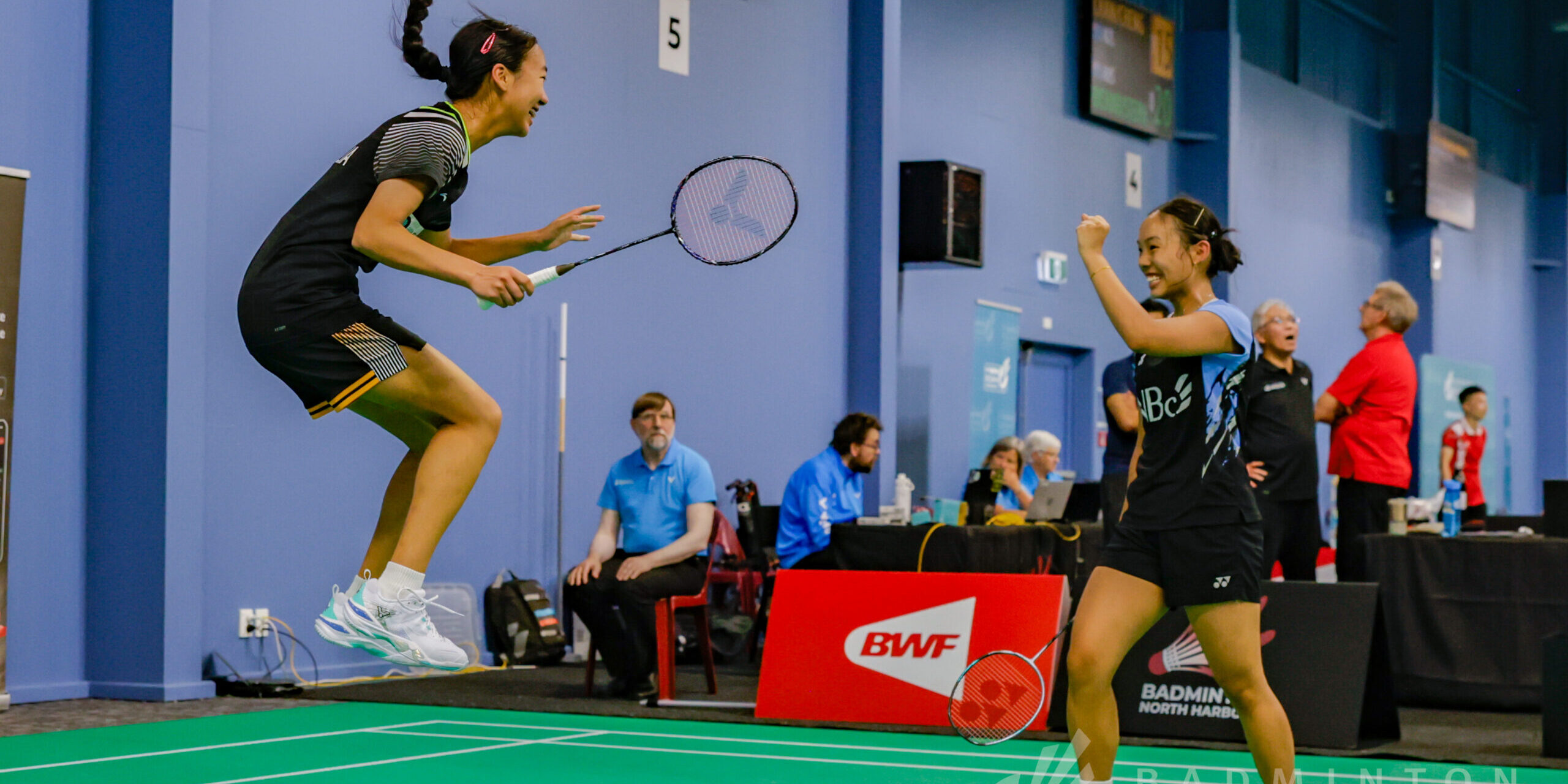 VICTOR Oceania Championships 2025 women's double players jumping after securing win