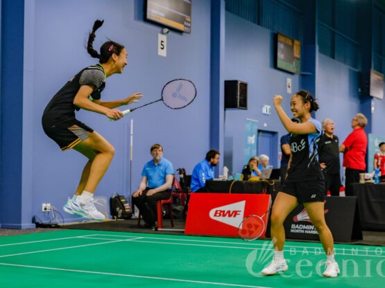VICTOR Oceania Championships 2025 women's double players jumping after securing win