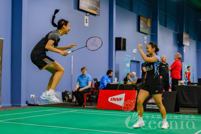 VICTOR Oceania Championships 2025 women's double players jumping after securing win