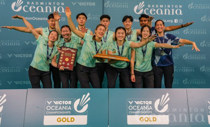 Australia holds the VICTOR Oceania Mixed Team trophy at prizegiving