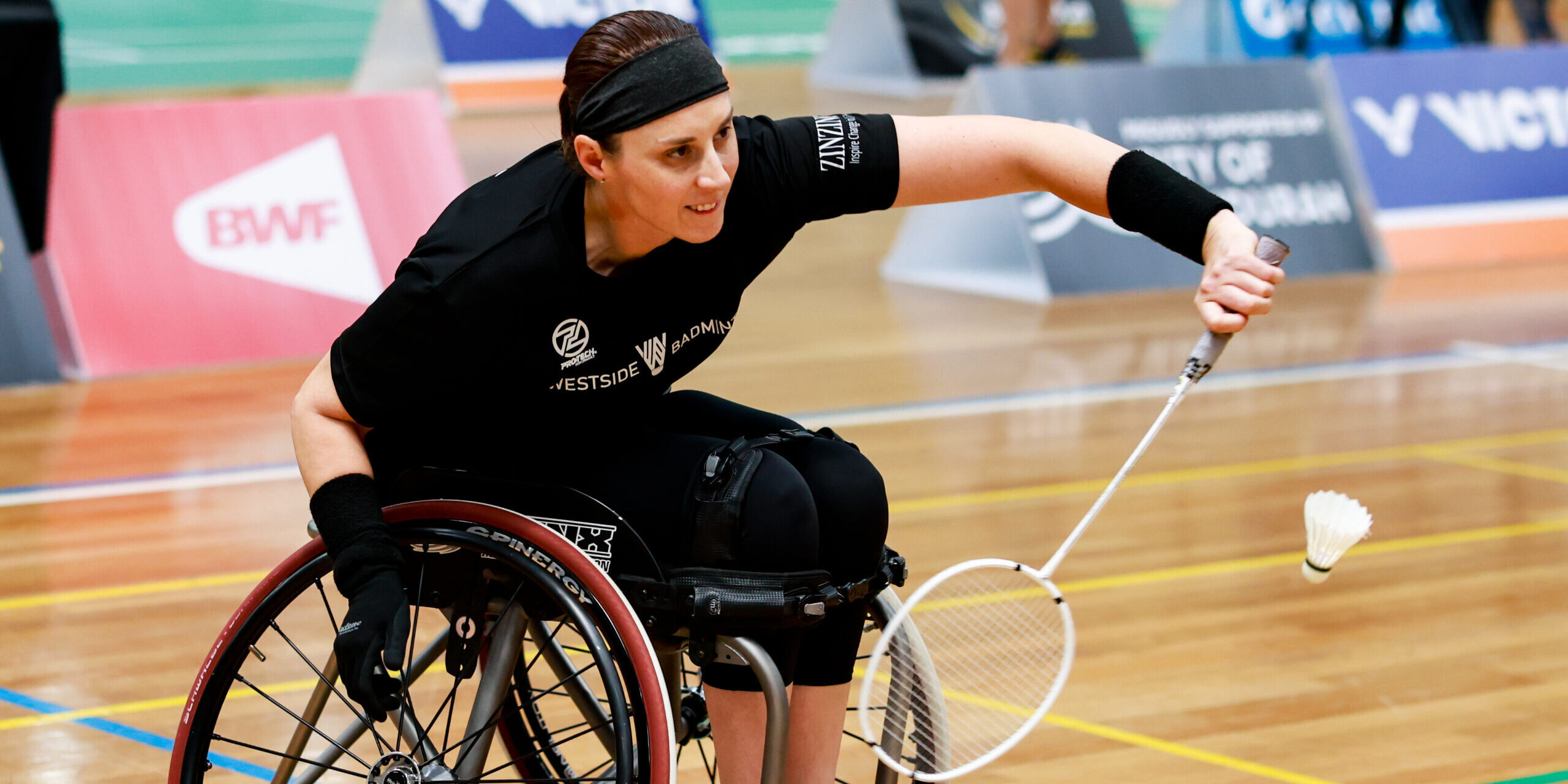Oceania Para-Badminton Championships 2023 Mischa reaches for shuttle in match