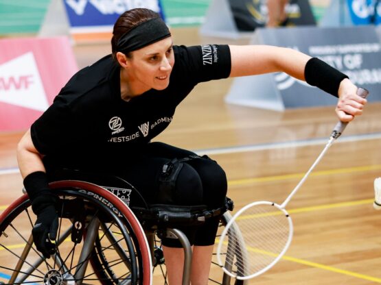 Oceania Para-Badminton Championships 2023 Mischa reaches for shuttle in match