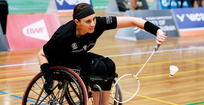 Oceania Para-Badminton Championships 2023 Mischa reaches for shuttle in match
