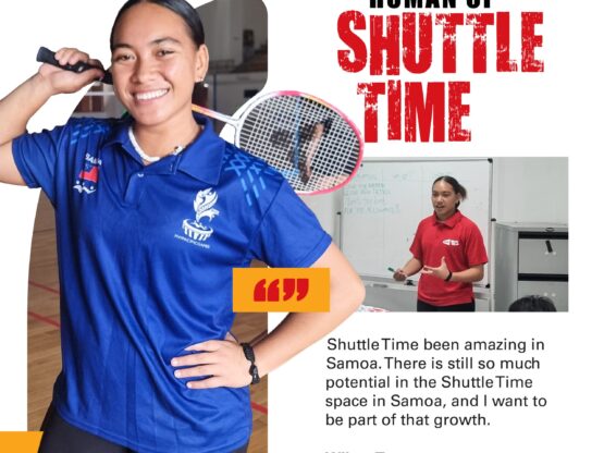 HumanofShuttleTime_APR25-03 Human of Shuttle Time Wilma Tupu smiling with a badminton racquet