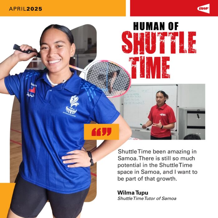 HumanofShuttleTime_APR25-03 Human of Shuttle Time Wilma Tupu smiling with a badminton racquet