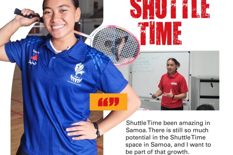 Human of Shuttle Time Wilma Tupu smiling with a badminton racquet