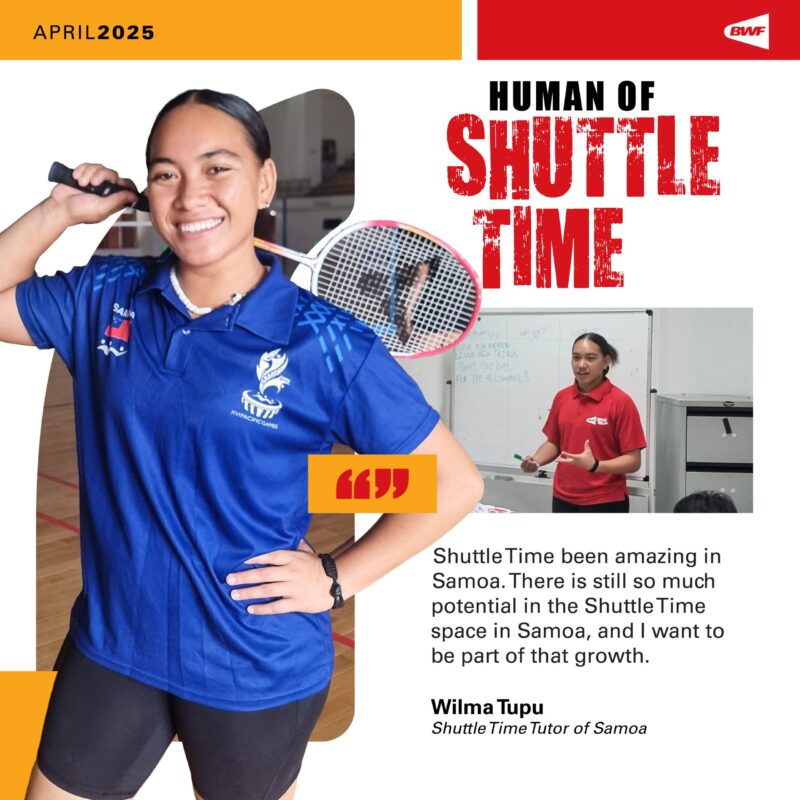 Human of Shuttle Time Wilma Tupu smiling with a badminton racquet
