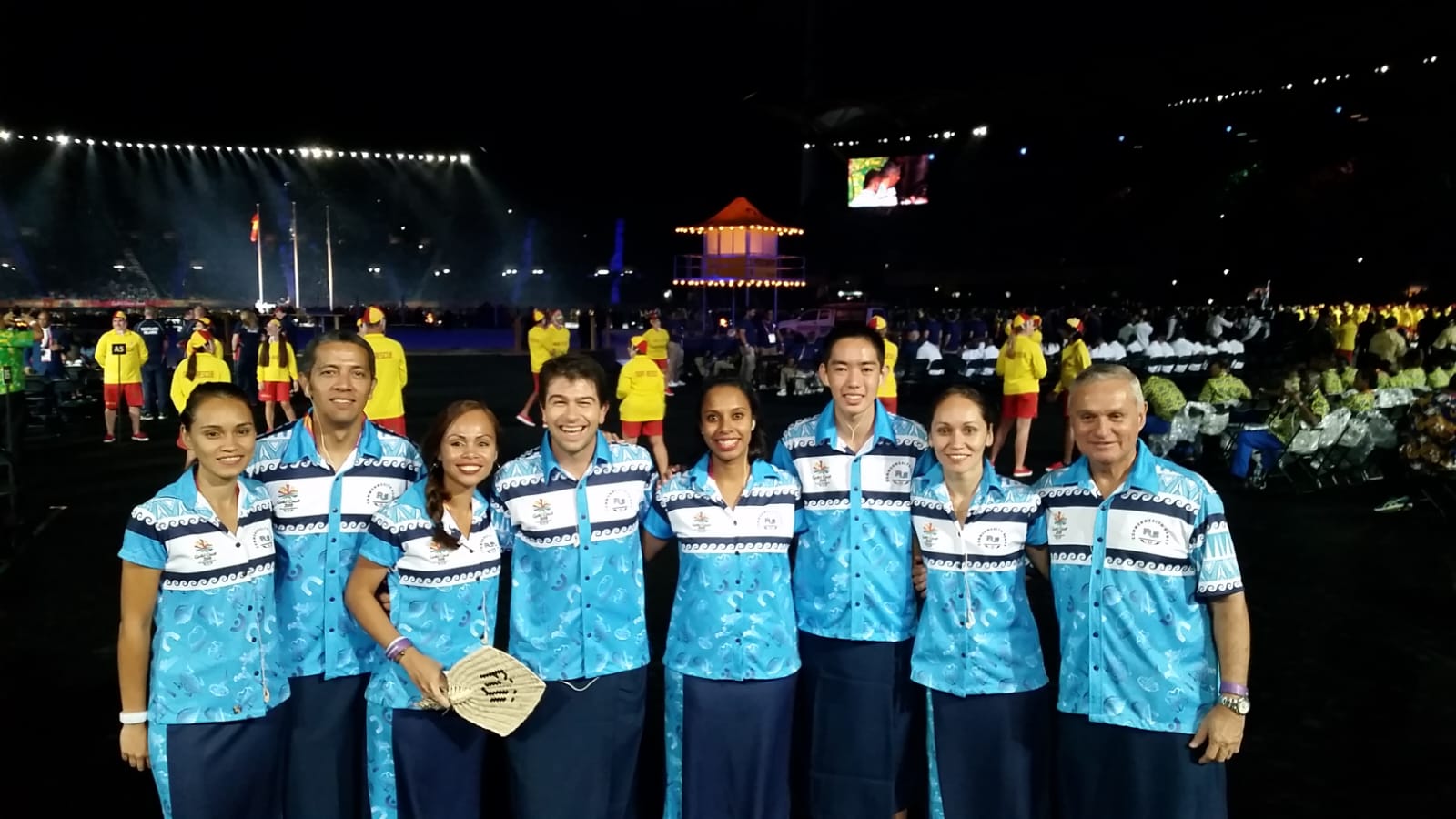 the Fiji Commonwealth team smiles for camera at the opening ceremony